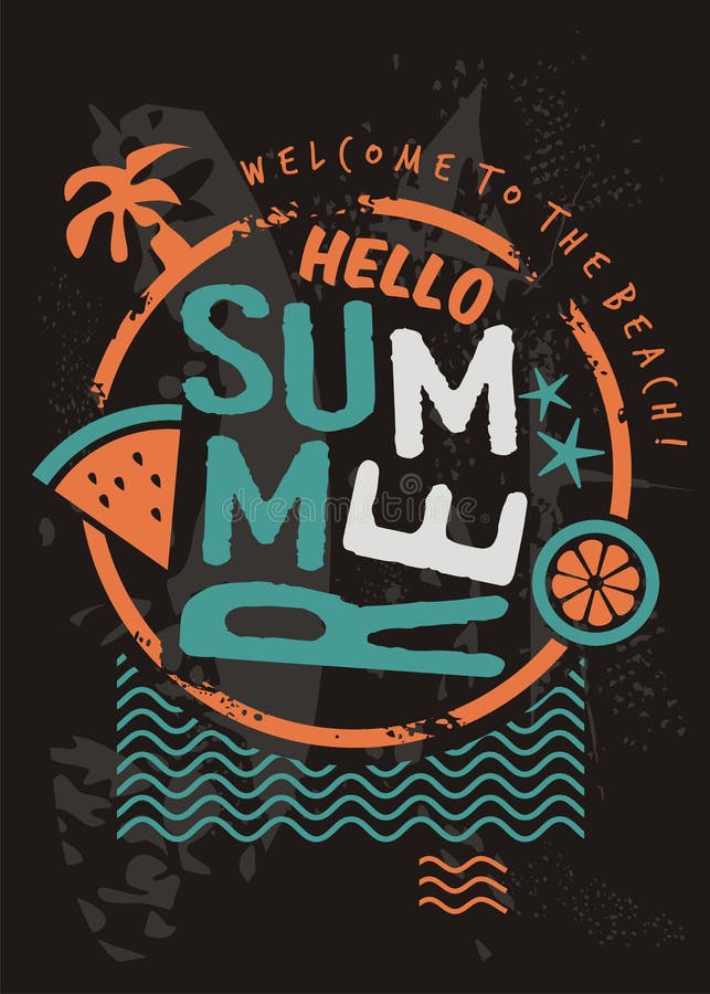 Hola plantilla retra del diseño de la camiseta del verano ilustración del vector
