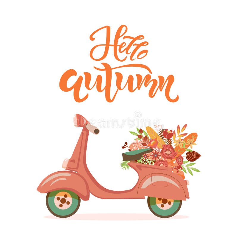 Hola texto de la cita de la estación del otoño Vespa retra con el ramo de la flor en fondo Poner letras a la plantilla de la tipo libre illustration Hola texto de la cita de la estación del otoño Vespa retra con el ramo de la flor en fondo Poner letras a la plantilla de la tipo libre illustration
