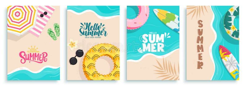 Hola verano playa clipart poster. Texto de saludo de verano en la playa de costa arte clip de fondo para un día soleado stock de ilustración