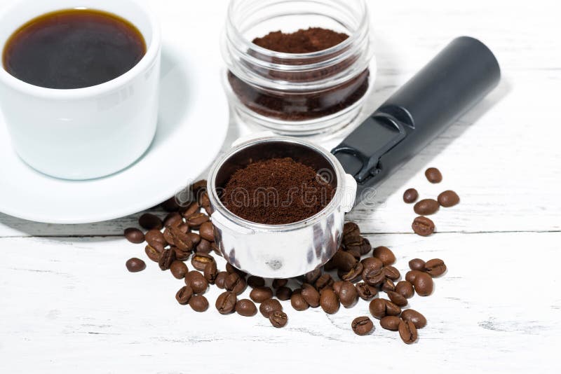 Holder With Ground Coffee For Coffee Machine On White Background Stock