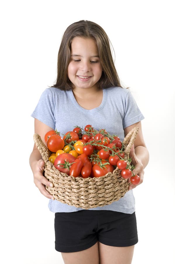 Holdin da menina uma cesta dos tomates imagens de stock Holdin da menina uma cesta dos tomates imagens de stock
