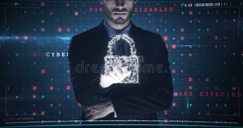 Holding digital lock, businessman symbolizing cybersecurity and data protection in office royalty free stock image