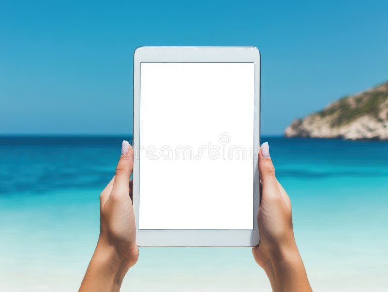 Holding electronic tablet with blank screen by ocean, perfect for design mockups and presentations royalty free illustration