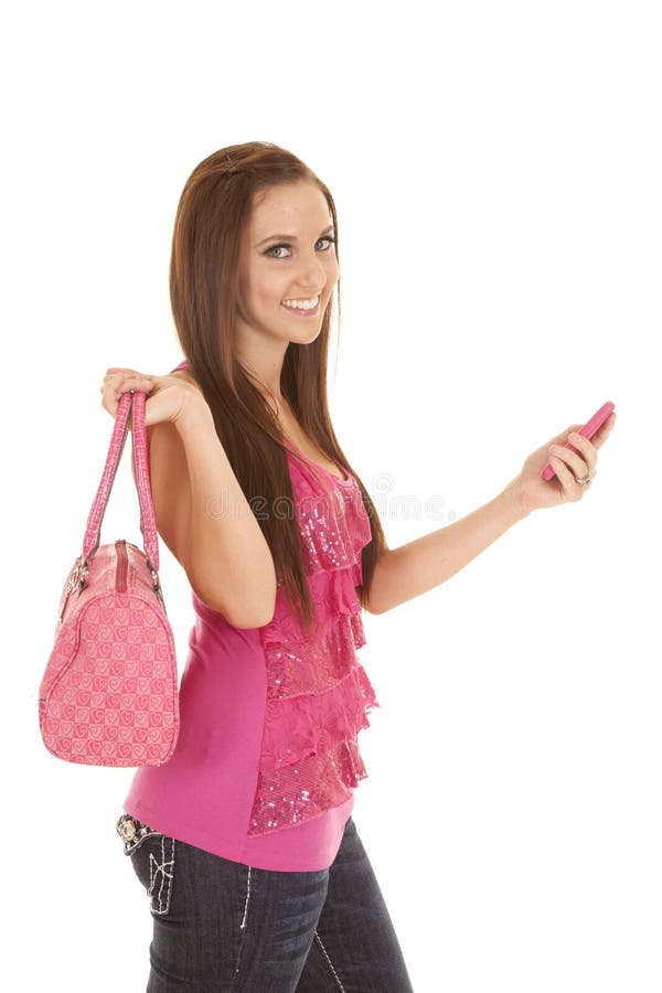 Holding purse smile phone