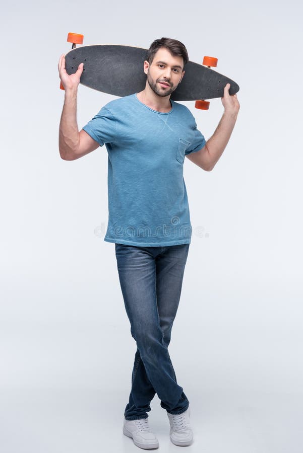 Holding Skateboard in Hands on White Stock Photo Image of person