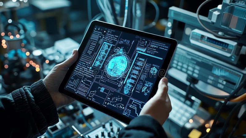 Industrial engineer holding tablet, analyzing brain scan in futuristic factory setting vector illustration