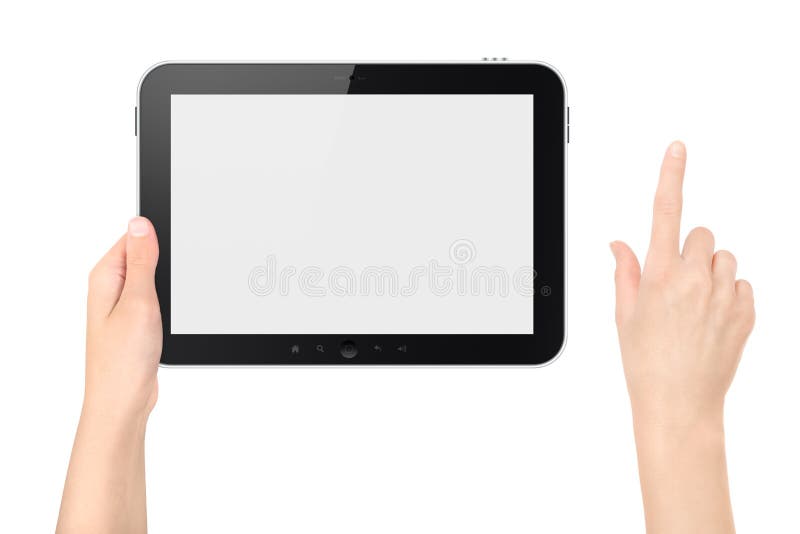 Holding-Tablette PC mit der rührenden Hand getrennt lizenzfreie stockfotografie Holding-Tablette PC mit der rührenden Hand getrennt lizenzfreie stockfotografie