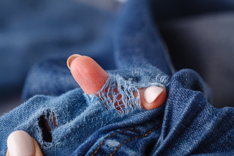 Hole Denim Jeans Ripped Destroyed Torn Blue Background Close Up Jean