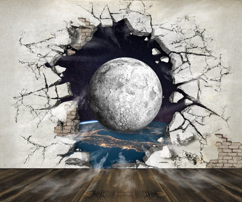 Hole in the wall, out into space. Photo wallpaper for the walls. 3D rendering. stock illustration Hole in the wall, out into space. Photo wallpaper for the walls. 3D rendering. stock illustration