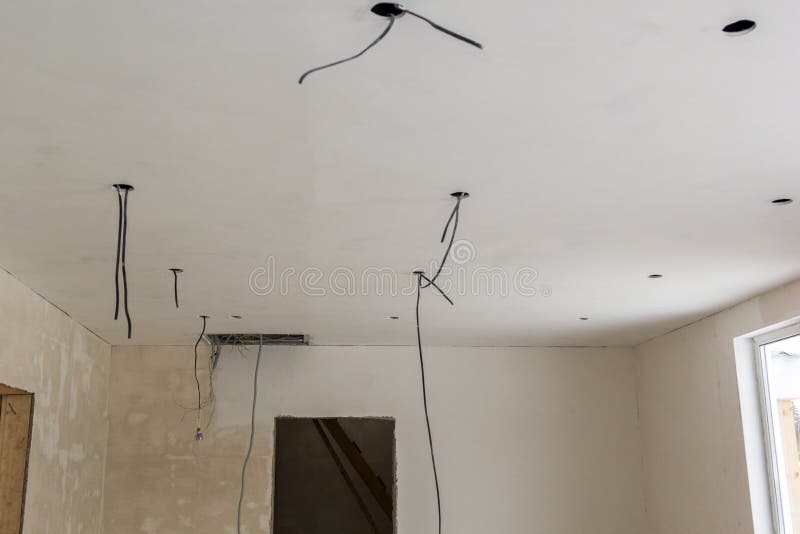 Holes and Wiring for Ceiling Spotlight Unfinished Stock Image Image