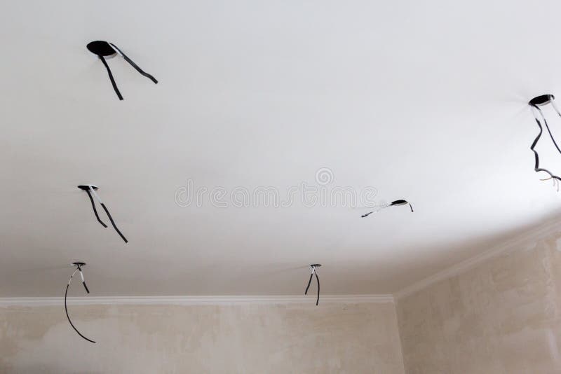Holes and Wiring for Ceiling Spotlight Unfinished Stock Photo Image
