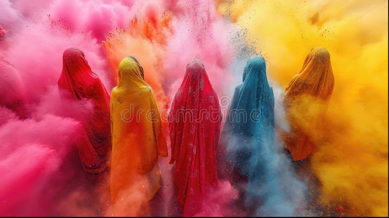 Holi color festival crowd throwing vibrant colours powder, Hindu holiday celebration stock illustration