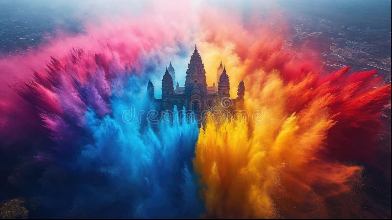 Holi color festival crowd throwing vibrant colours powder, Hindu holiday celebration stock illustration