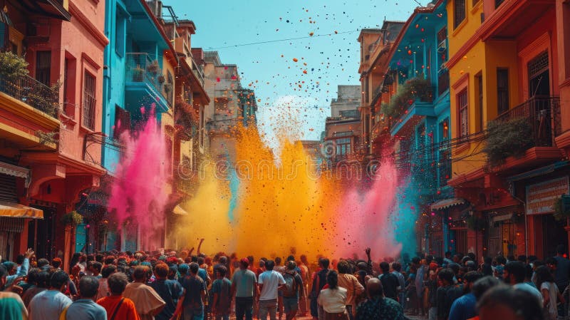 Holi color festival crowd throwing vibrant colours powder, Hindu holiday celebration royalty free illustration