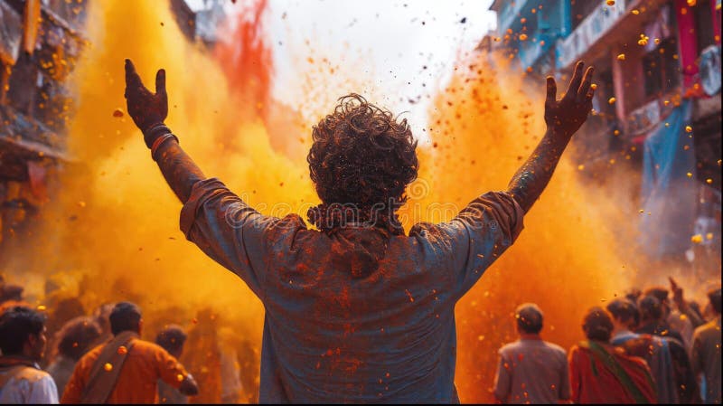 Holi color festival crowd throwing vibrant colours powder, Hindu holiday celebration royalty free illustration
