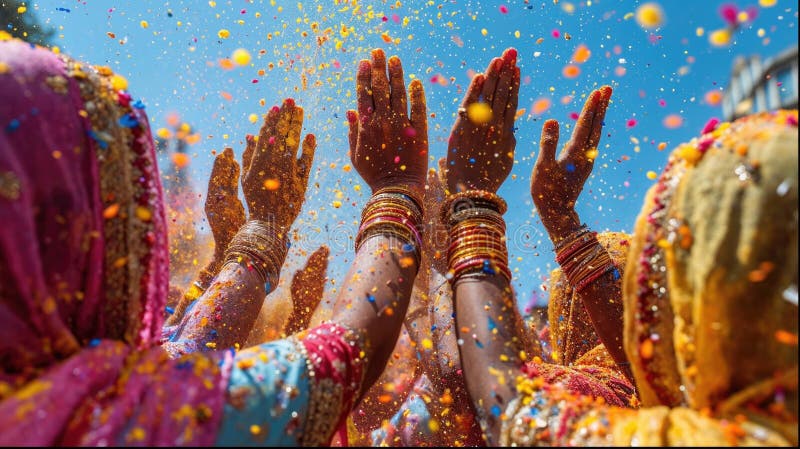 Holi color festival crowd throwing vibrant colours powder, Hindu holiday celebration vector illustration