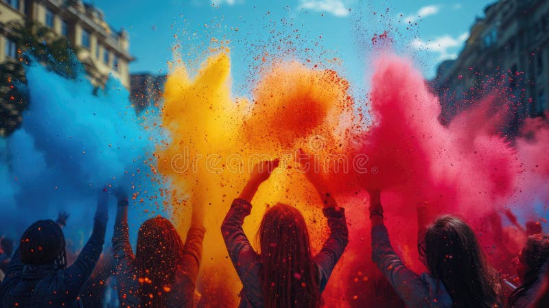 Holi color festival crowd throwing vibrant colours powder, Hindu holiday celebration royalty free illustration