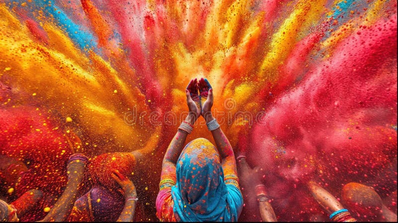 Holi color festival crowd throwing vibrant colours powder, Hindu holiday celebration vector illustration