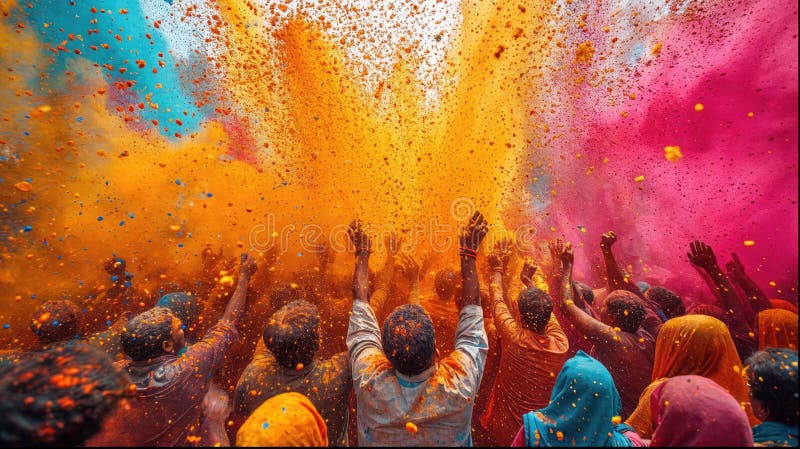 Holi color festival crowd throwing vibrant colours powder, Hindu holiday celebration vector illustration