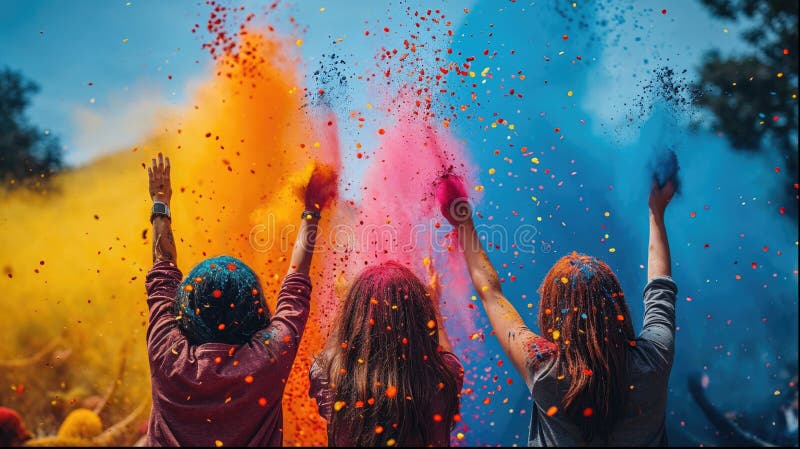 Holi color festival crowd throwing vibrant colours powder, Hindu holiday celebration vector illustration