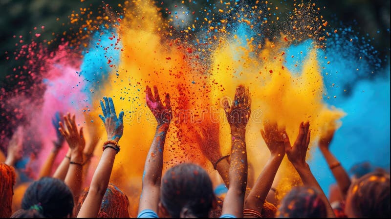 Holi color festival crowd throwing vibrant colours powder, Hindu holiday celebration vector illustration