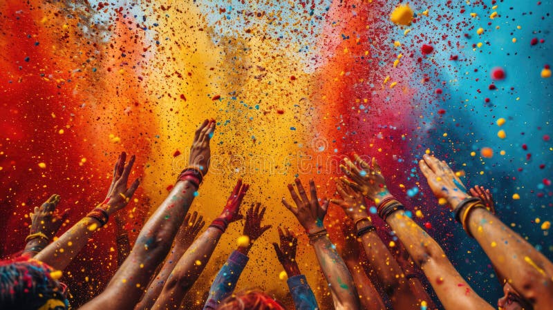Holi color festival crowd throwing vibrant colours powder, Hindu holiday celebration vector illustration