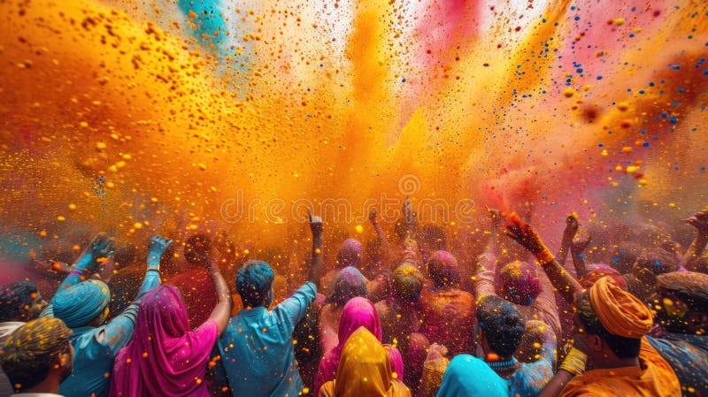 Holi color festival crowd throwing vibrant colours powder, Hindu holiday celebration vector illustration