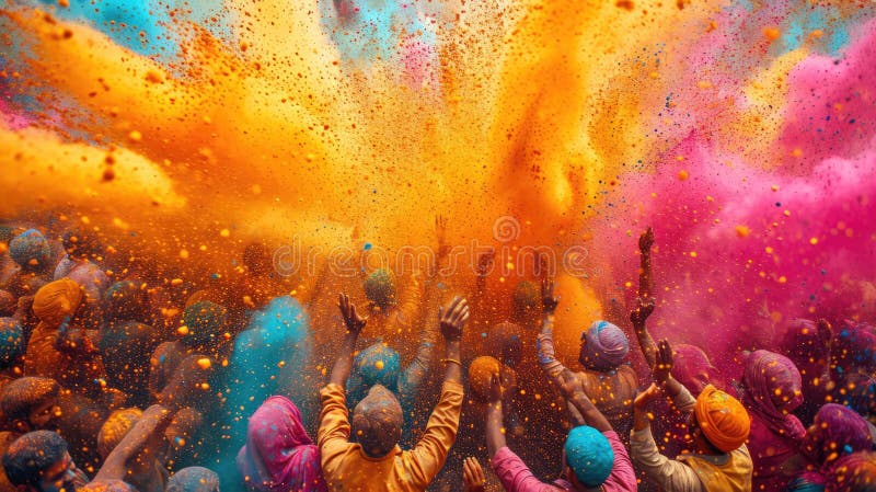 Holi color festival crowd throwing vibrant colours powder, Hindu holiday celebration vector illustration