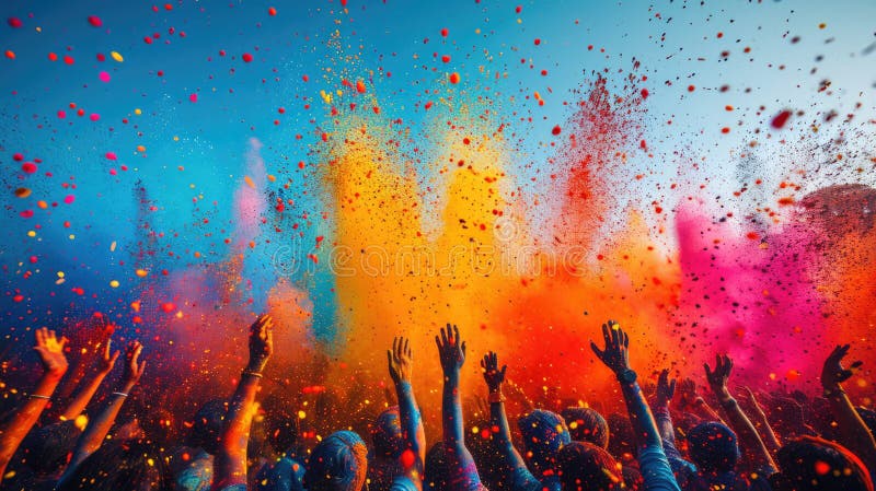 Holi color festival crowd throwing vibrant colours powder, Hindu holiday celebration vector illustration
