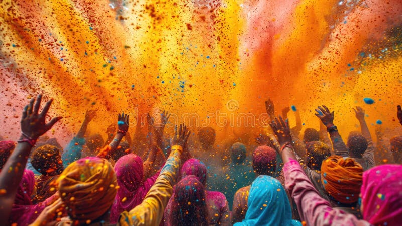 Holi color festival crowd throwing vibrant colours powder, Hindu holiday celebration vector illustration