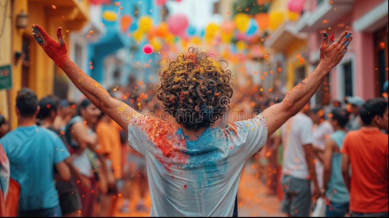 Holi color festival crowd throwing vibrant colours powder, Hindu holiday celebration royalty free illustration