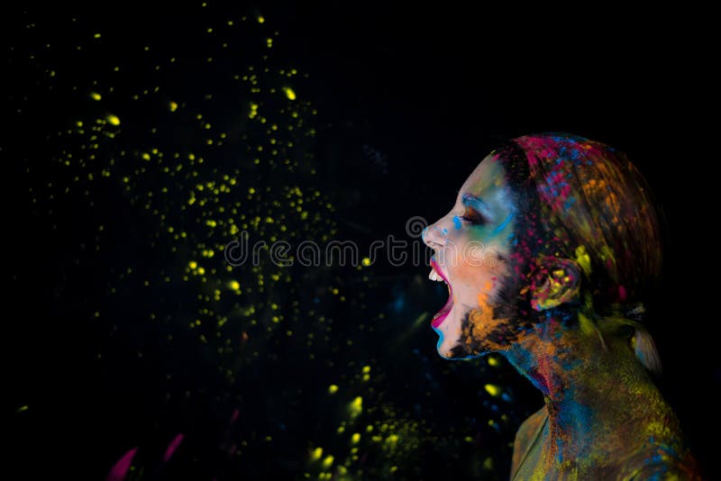 Portrait of Screaming Model with Holi Colorful Powder Art Make on Black  Studio Background Stock Image - Image of design, cosmetics: 208451255