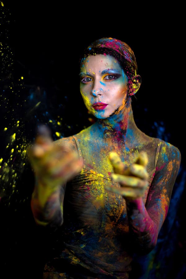 Portrait of Beauty Model with Holi Colorful Powder Art Make on Black Studio  Background Stock Image - Image of body, portrait: 208451253