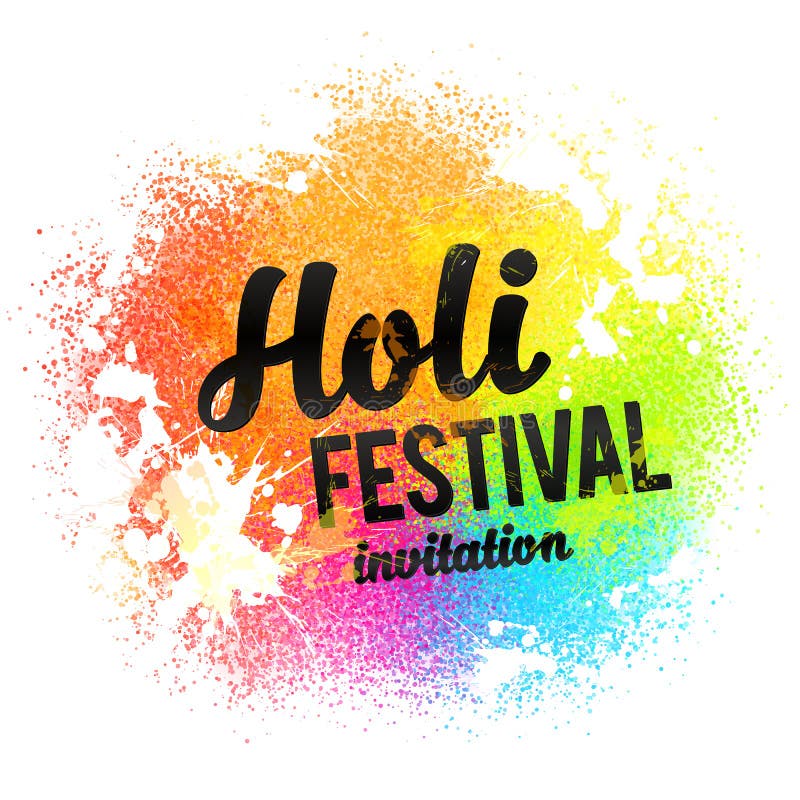 Holi festival invitation black sign on rainbow colors paint powder and drops background