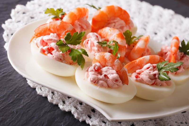 Eggs Stuffed with Shrimp, Cheese and Caviar Macro. Horizontal Stock