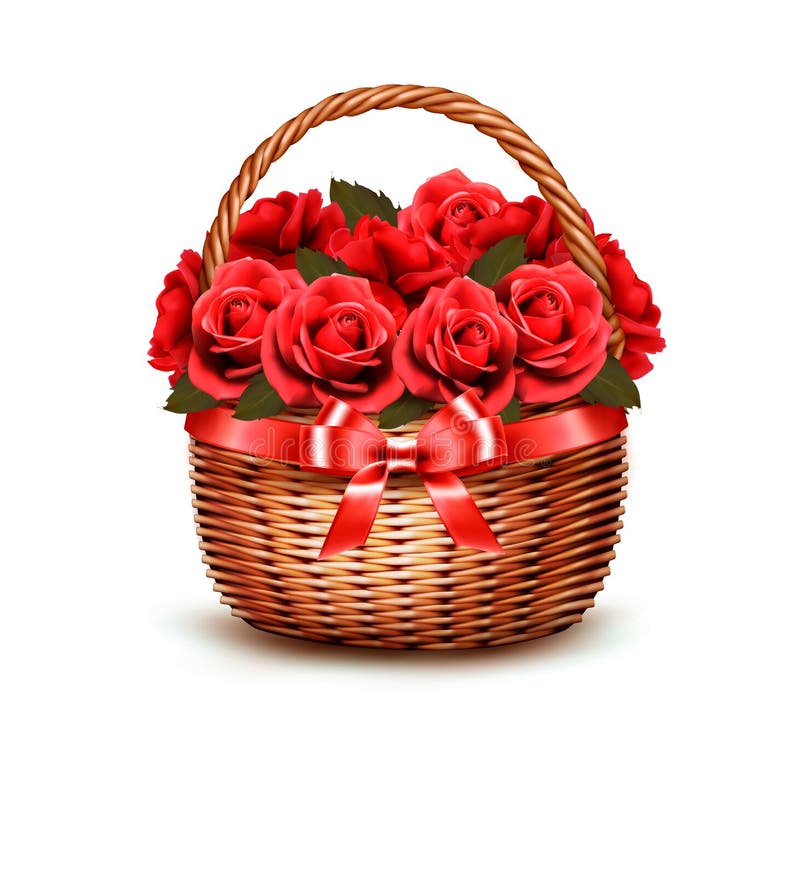 Holiday Background With Basket Full Of Red Roses.