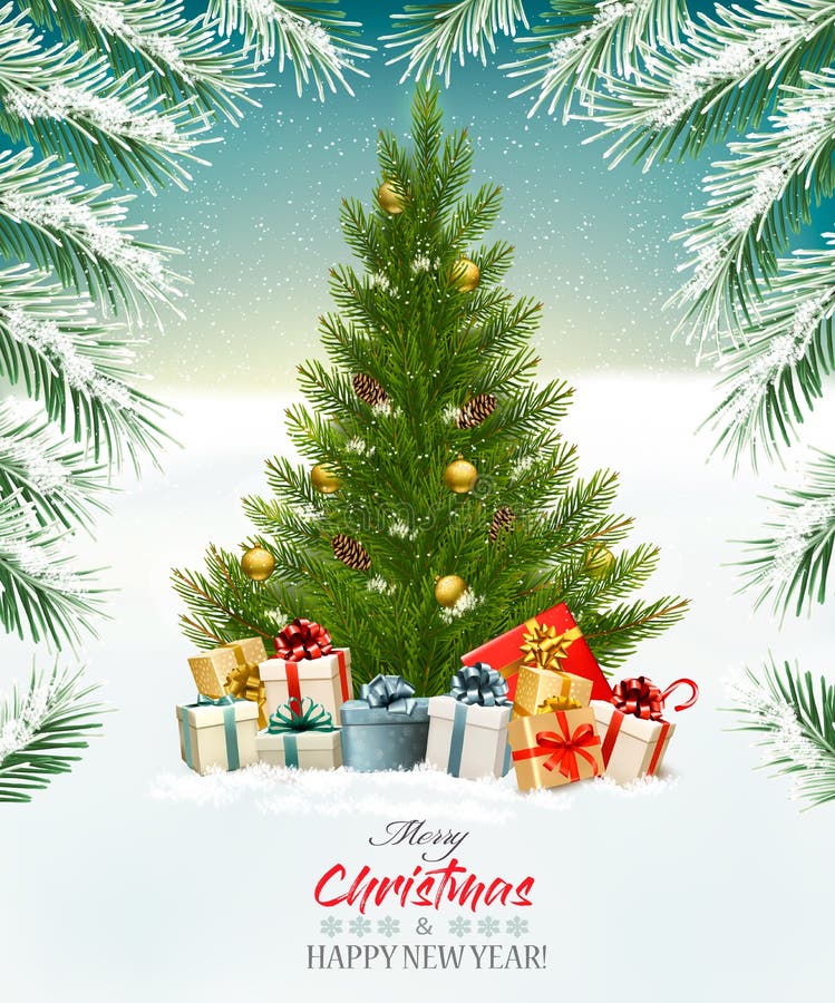 Holiday background with a Christmas tree and presents. stock illustration