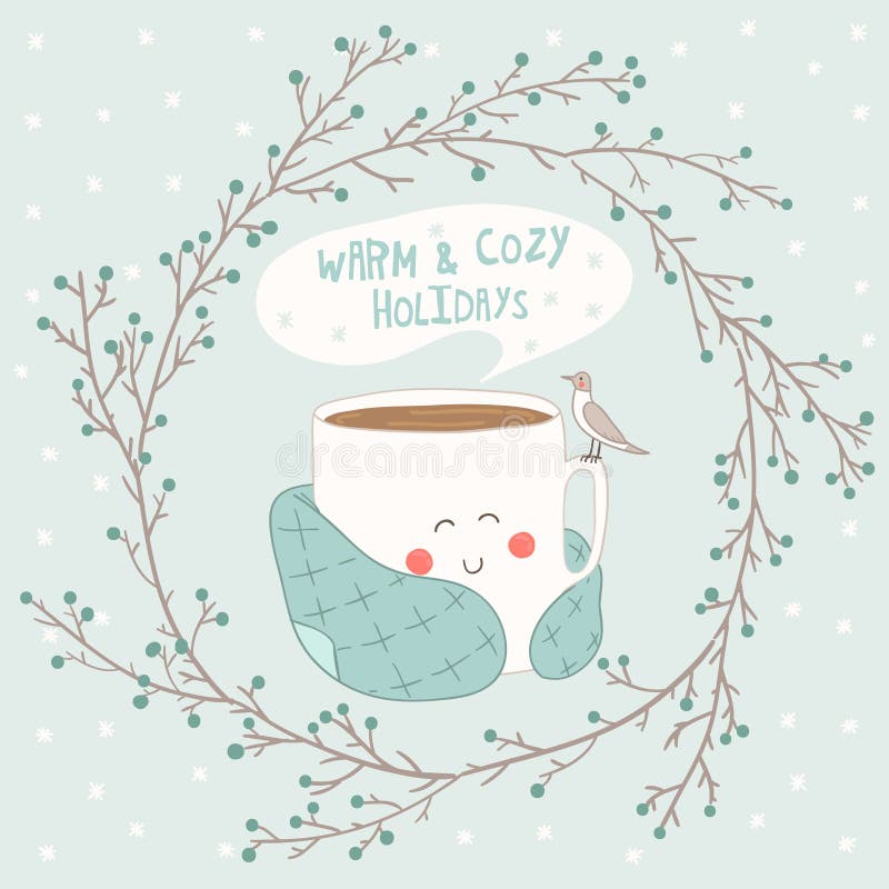Holiday card with cute cup of tea in blanke