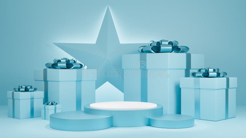 Holiday Christmas and Happy new year pastel blue color background with a gift box and podium display stand for show Luxury