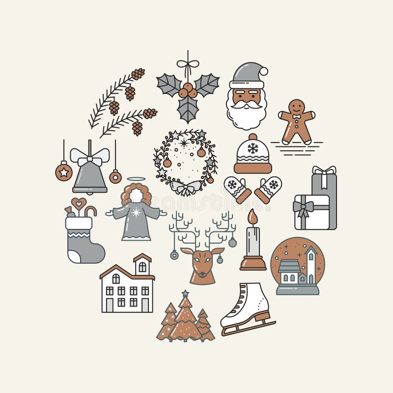 Holiday Circle Collection of Line Art Icons. Gingerbread, Santa Claus, Christmas tree, Reindeer, Bell, Candle, Gifts