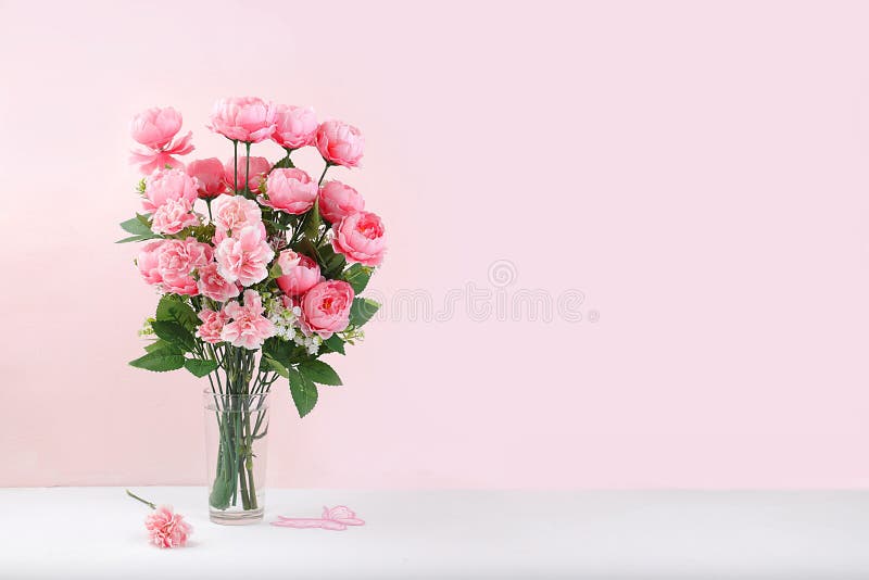 Holiday concept with flowers, spring or summer composition, still life, flowers in a vase, banner. Mother`s day card, happy