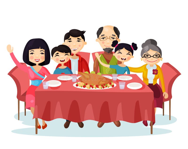 Holiday dinner with turkey of cartoon family. Kids or children with parents sitting at table during celebration or holiday eating food. Portrait of relatives with father and mother, sister and brother