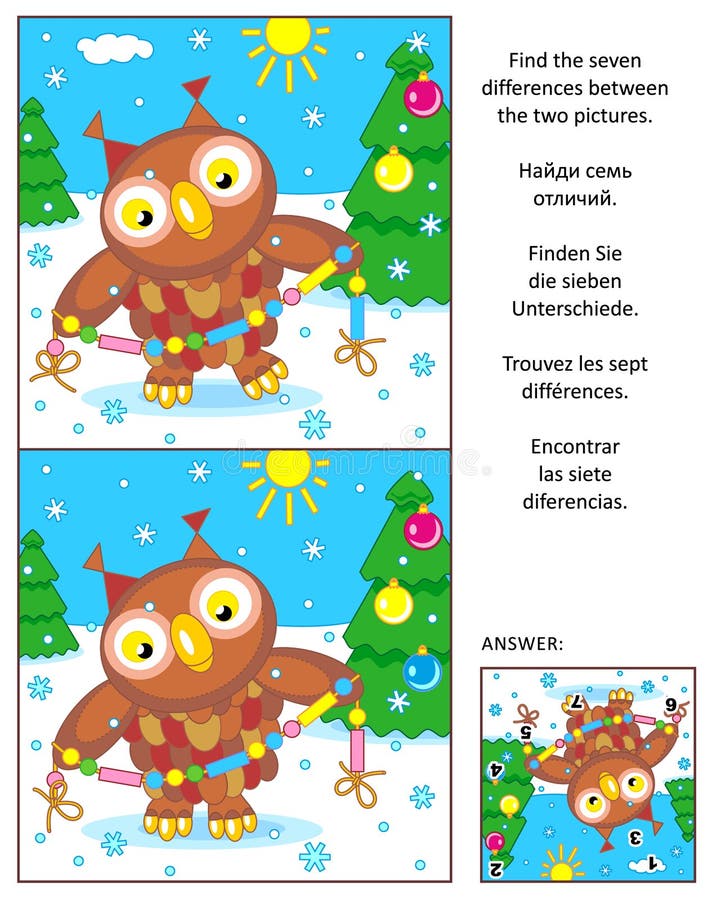 Holiday find the differences picture puzzle with owl and garland royalty free illustration Holiday find the differences picture puzzle with owl and garland royalty free illustration