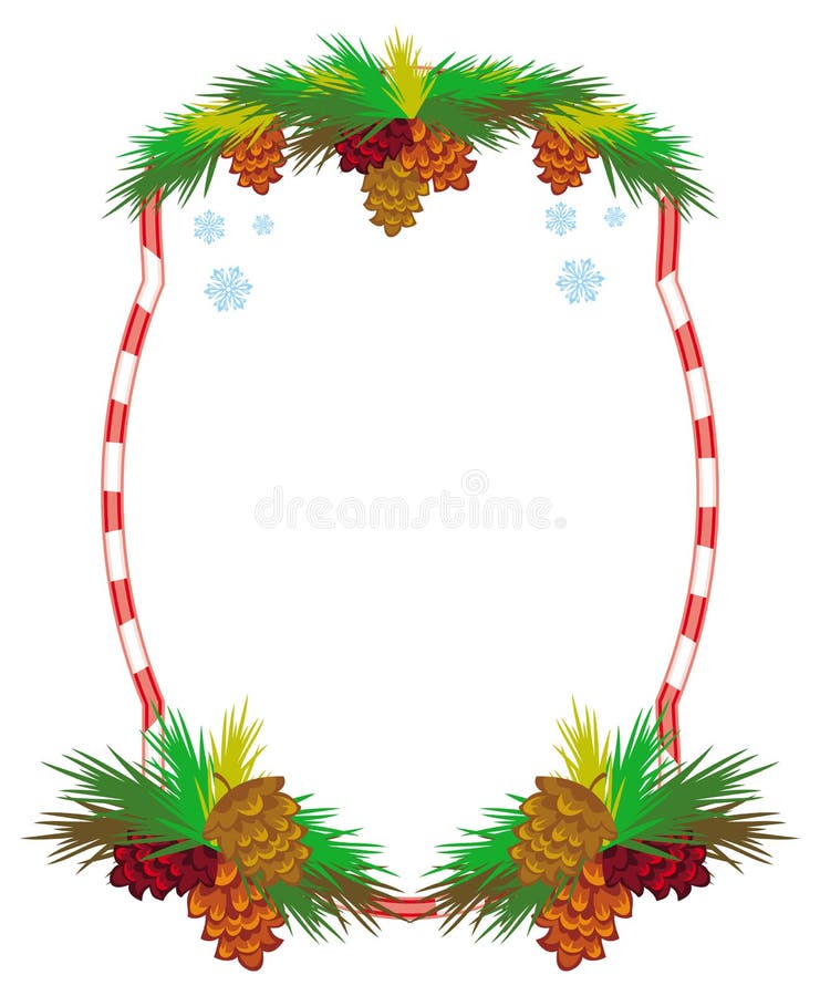 Holiday Frame With Pine Branch, Snow-flakes And Cones. Stock