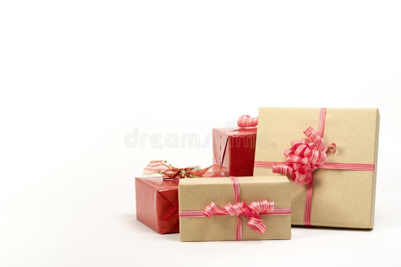 Holiday Gift Boxes Decorated with Ribbon Isolated on White Background