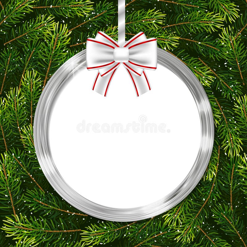 Holiday gift card with Christmas ball, bow and fir tree branches