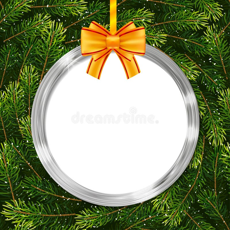 Holiday gift card with Christmas ball, bow and fir tree branches