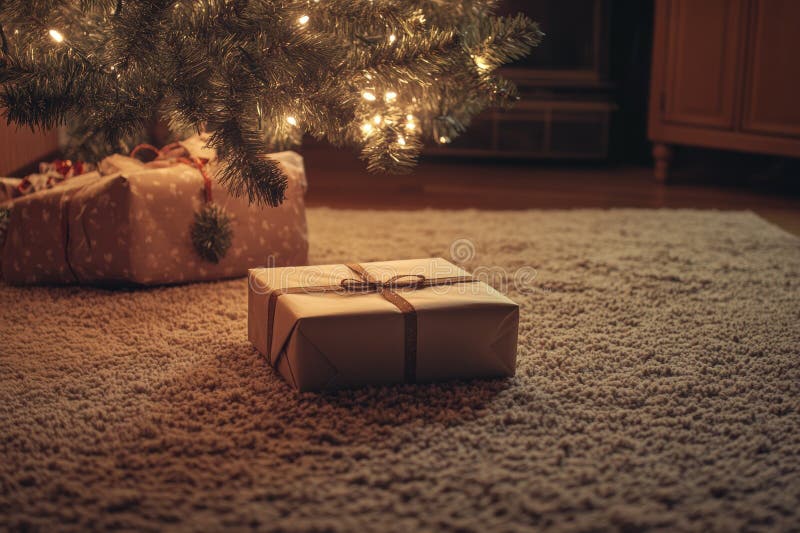 Holiday gift presentation, elegantly wrapped gift under glowing tree creates perfect holiday scene for adding personal stock photography