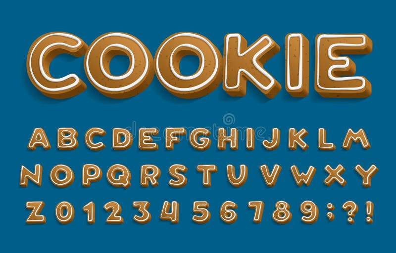 Holiday Ginger Cookie alphabet font. 3D Cartoon letters and numbers with icing sugar covering.