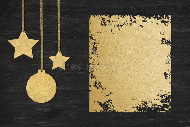 Holiday Golden Decor and Rectangular Frame on Dark Wooden Background